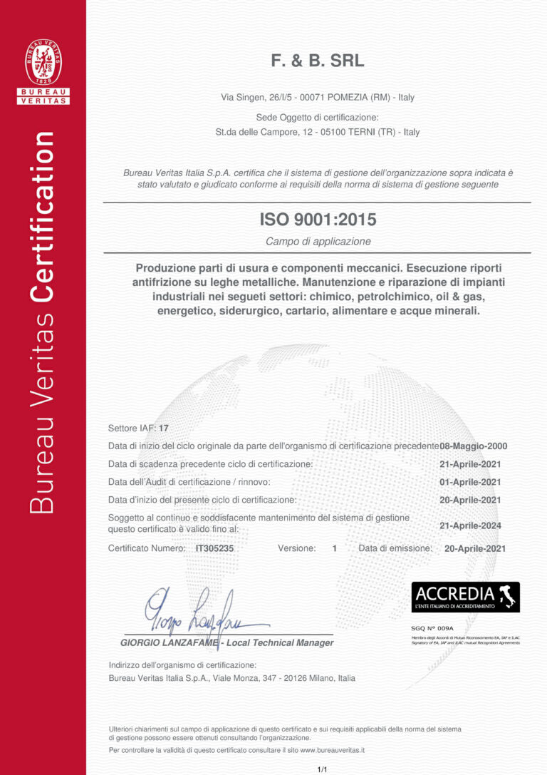 Certificato IT305235 Bureau Veritas