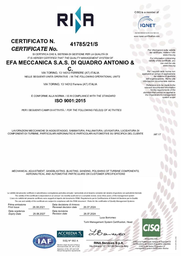 Efa Meccanica - Certificati